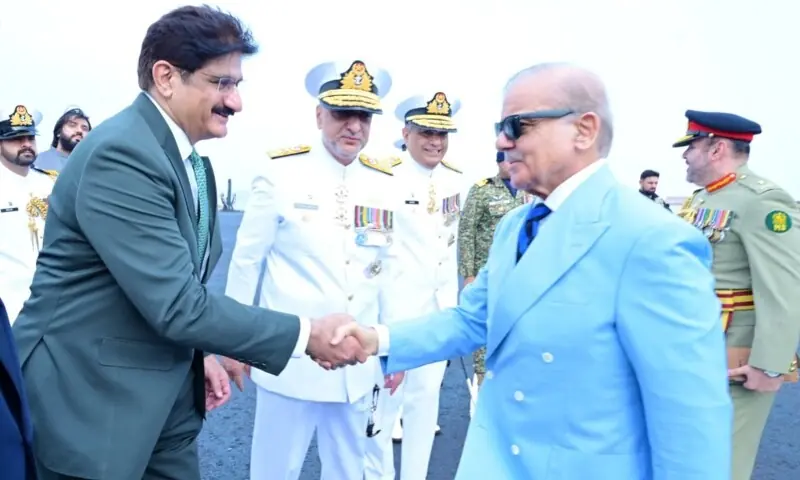 Sindh Chief Minister Murad Ali Shah shakes hand with Prime Minister Shehbaz Sharif on his arrival in Karachi on June 27, 2026. &mdash; photo courtesy PM's House