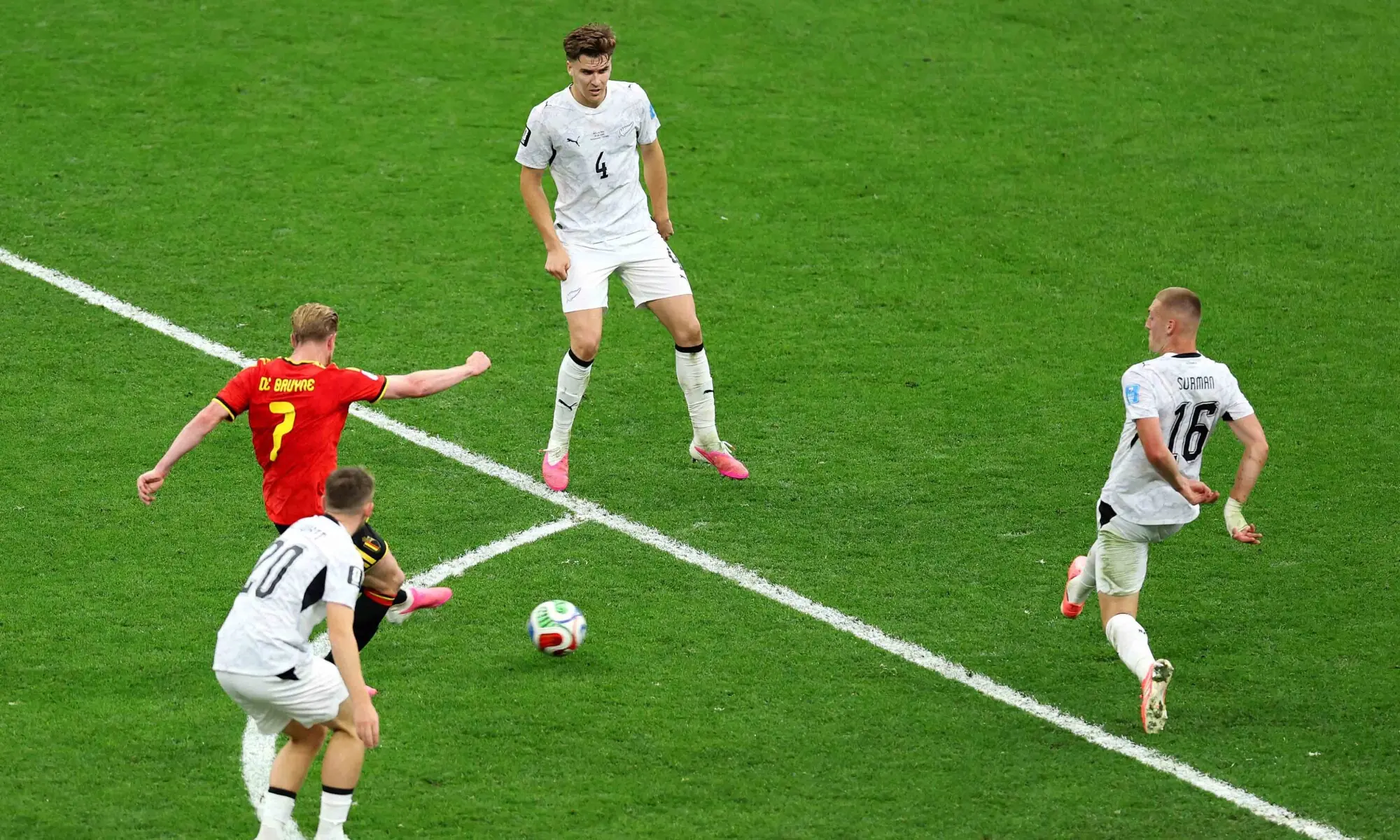 Kevin De Bruyne #7 of Belgium scores his team's third goal during the FIFA World Cup 2026 Group G match between New Zealand and Belgium at BC Place Vancouver on June 26, 2026 in Vancouver, British Columbia. &mdash; AFP