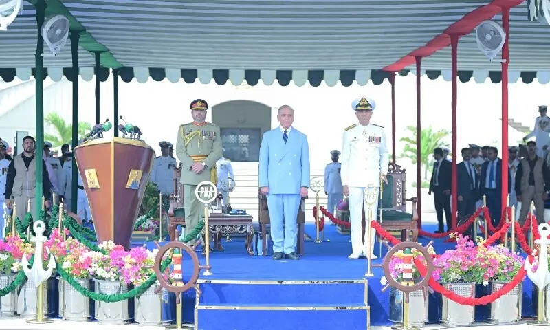 Prime Minister Shehbaz Sharif attends the passing out ceremony of 125th Midshipmen and 33rd SSC courses at Pakistan Naval Academy, PNS Rahbar. Karachi, on 27 June 2026. &mdash; Photo courtesy PMO