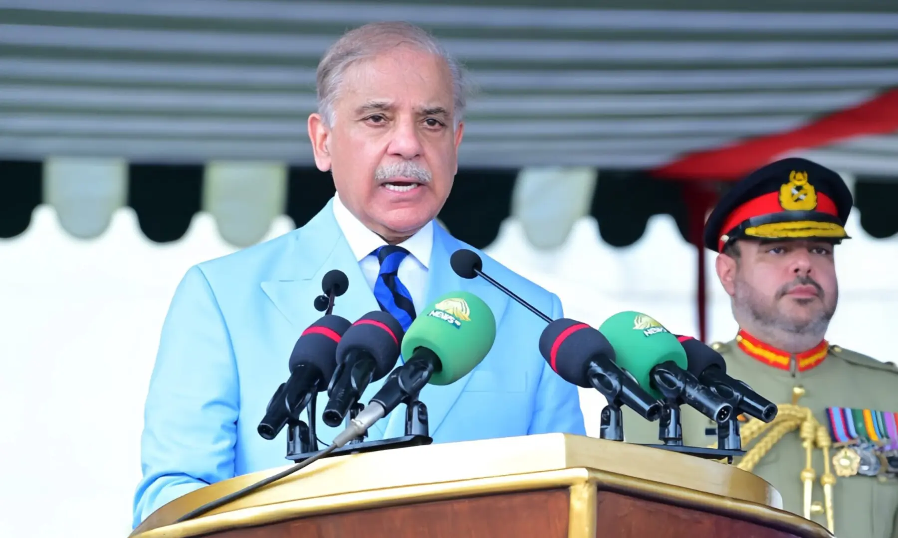 Prime Minister Shehbaz Sharif addresses the passing out ceremony of 125th Midshipmen and 33rd SSC courses at Pakistan Naval Academy, PNS Rahbar. Karachi, on June 27, 2026. &mdash; X/GovtofPakistan