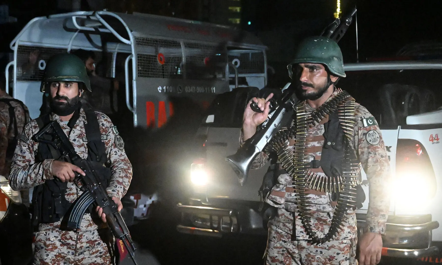 Paramilitary soldiers cordon off the streets around the Mosamiyat Chowrangi area after a terrorist attack on Pakistan Rangers compound in Karachi on June 27, 2026. &mdash; AFP