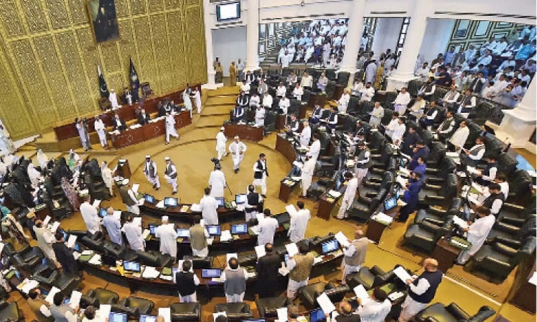 All standing committees of the Khyber Pakhtunkhwa Assembly were dissolved on Monday for inducting lawmakers from the merged tribal districts as uproar by the opposition marred the house proceedings for the fourth working day. &mdash; Photo courtesy Abdul Majeed Goraya/File