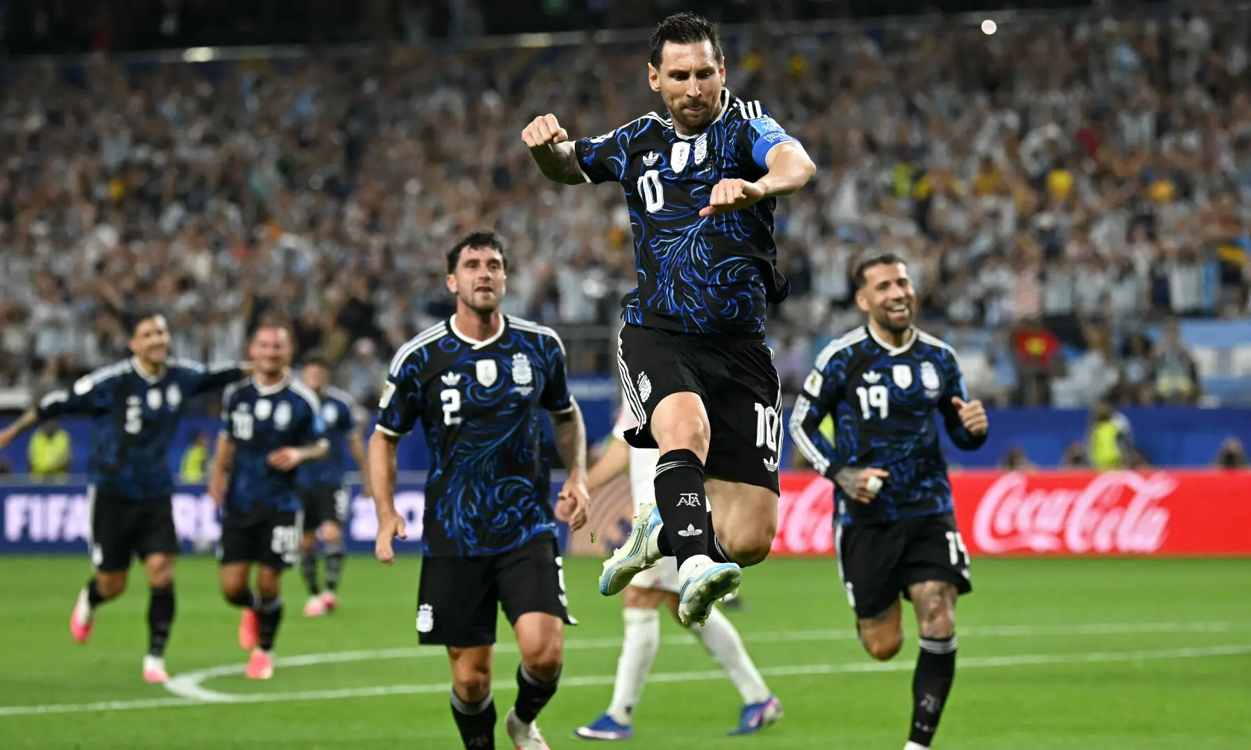 Argentina's forward #10 Lionel Messi celebrates scoring his team's third goal during the 2026 World Cup Group J football match between Jordan and Argentina at the Dallas Stadium in Arlington on June 27, 2026. &mdash; AFP