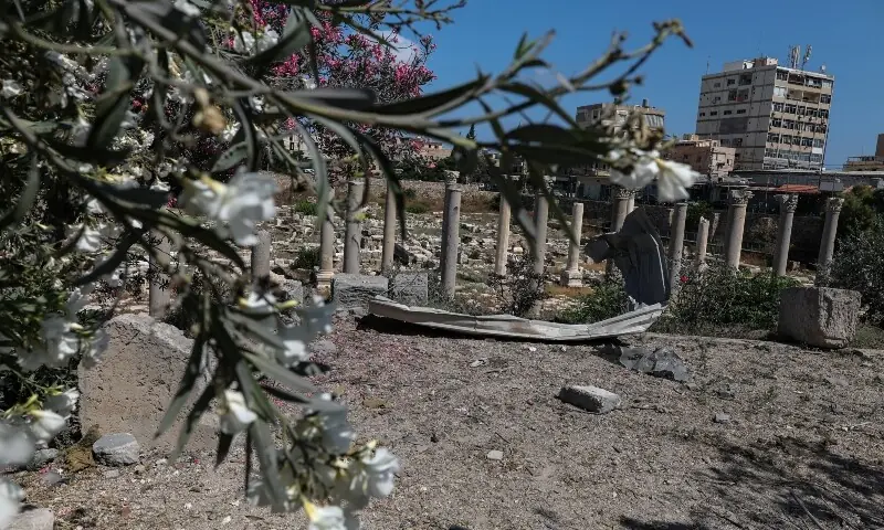 A piece of metal lies at the Al Bass Roman ruins, a Unesco World Heritage site hit by an Israeli airstrike in Tyre, southern Lebanon June 25, 2026. &mdash;AFP