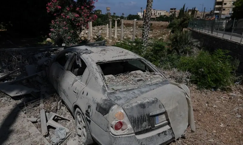 A damaged car at the entrance to the Al Bass Roman ruins, a Unesco World Heritage site hit by an Israeli airstrike in Tyre, southern Lebanon June 25, 2026. &mdash;Reuters