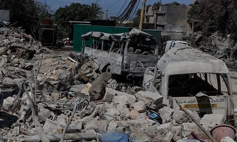Buses damaged in an Israeli airstrike lie outside the Al‑Bass Roman ruins, a Unesco World Heritage site that was also hit by an Israeli airstrike, in Tyre, southern Lebanon on June 25, 2026. &mdash; Reuters