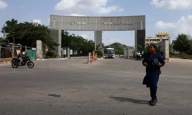 The entrance to the Tata Electronics components factory for Apple's iPhone in southern India, Hosur, Tamil Nadu, India, June 15, 2026. &mdash;Reuters