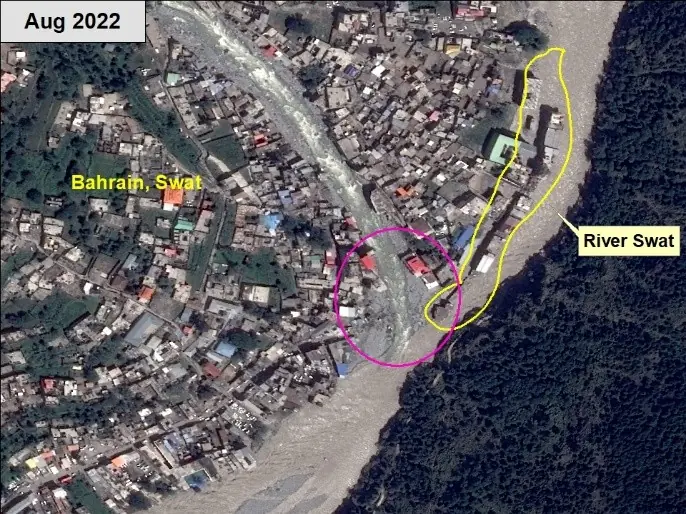  River water during the August 2022 floods appears muddy in the channels in this satellite image of River Swat and its tributary. The image highlights the risks to the settlements (outlined in yellow).  &mdash; via Space4Climate