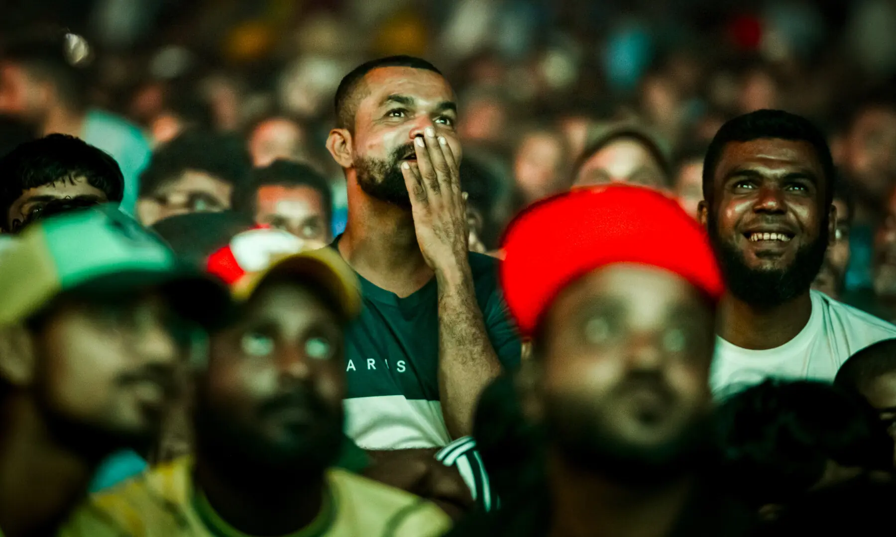 Football fans react during a screening of the FIFA World Cup match between Brazil and Japan at Lyari International Football Stadium in Karachi on June 29, 2026. &mdash; Tahir Jamal