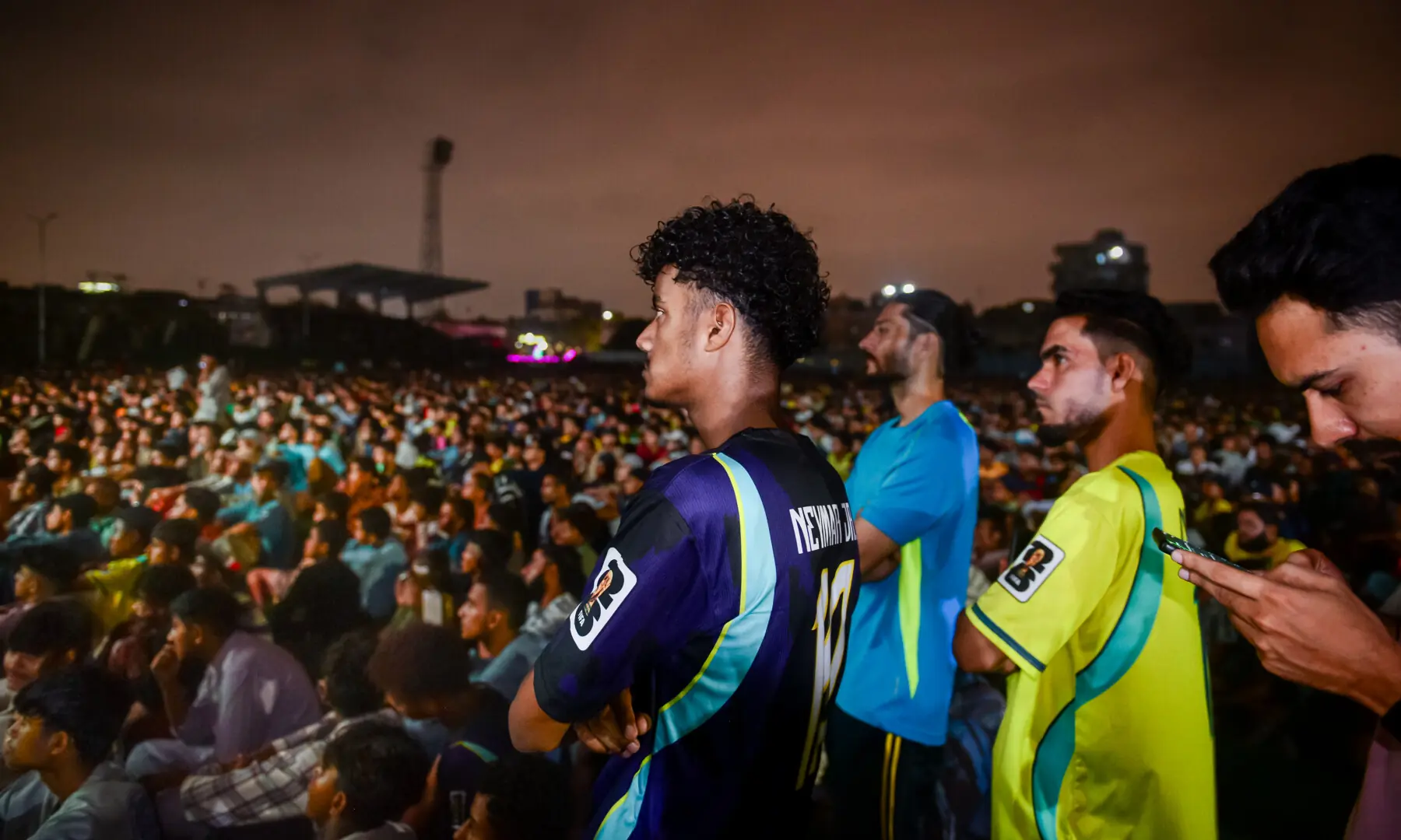 Football fans react during a screening of the FIFA World Cup match between Brazil and Japan at Lyari International Football Stadium in Karachi on June 29, 2026. &mdash; Tahir Jamal