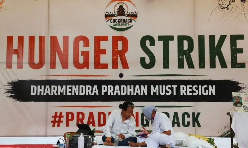 Sonam Wangchuk, an Indian education reformer, who has been on a hunger strike, sits on the stage during a sit-in protest called by Cockroach Janta Party (CJP), demanding the resignation of Indian Education Minister Dharmendra Pradhan, at Jantar Mantar in New Delhi, India, June 30. &mdash; Reuters