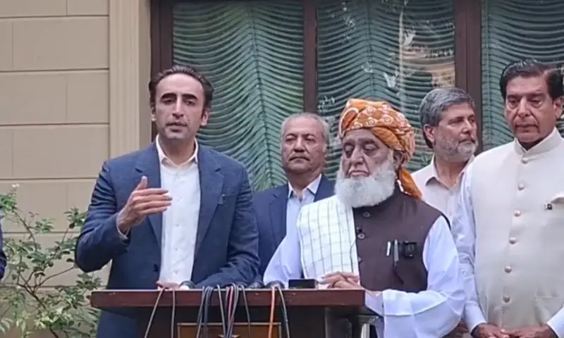 PPP Chairman Bilawal Bhutto Zardari and JUI-F Emir Maulana Fazlur Rehman, during a press conference in Islamabad, on June 30, 2026. &mdash; Screengrab via X/@MediaCellPPP
