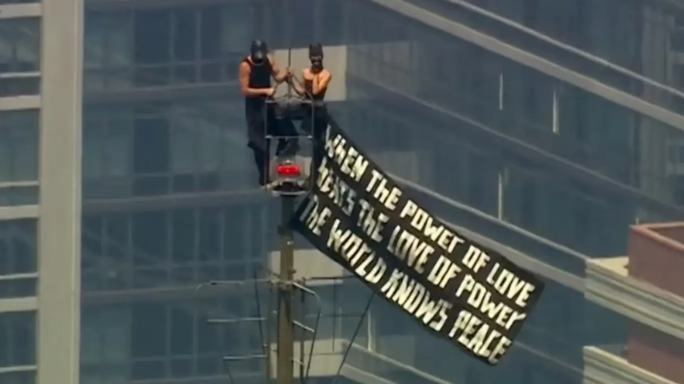 Two people display a banner atop the Empire State Building in the Manhattan borough of New York, US on July 1, 2026 in a still image from a video. — Reuters Two people display a banner atop the Empire State Building in the Manhattan borough of New York, US on July 1, 2026 in a still image from a video. — Reuters