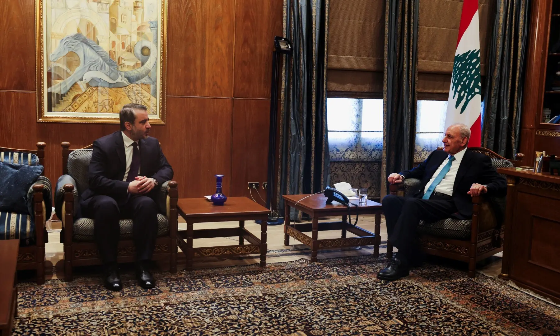 Lebanese Parliament Speaker Nabih Berri meets with Syrian Foreign Minister Asaad Al-Shaibani in Beirut, Lebanon, July 2, 2026. &mdash; Reuters