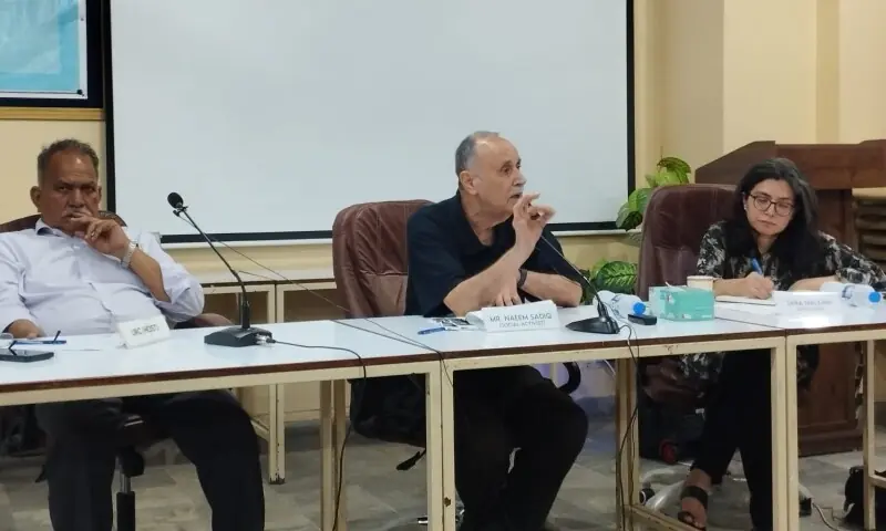 Advocate Sara Malkani, social activist Naeem Sadiq and Zahid Farooq at the consultation on the rights of sanitation workers at Urban Resource Centre in Karachi on July 2. — Photo via author Advocate Sara Malkani, social activist Naeem Sadiq and Zahid Farooq at the consultation on the rights of sanitation workers at Urban Resource Centre in Karachi on July 2. — Photo via author