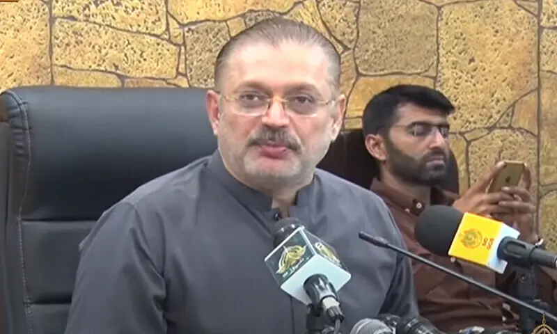 Sindh Information Minister Sharjeel Inam Memon addresses the media in Karachi. —DawnNewsTV/File Sindh Information Minister Sharjeel Inam Memon addresses the media in Karachi. —DawnNewsTV/File