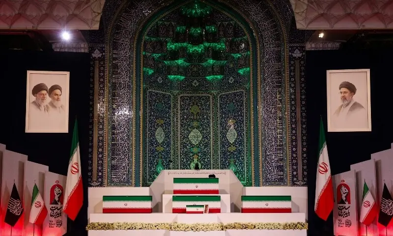 The coffins of Iran&rsquo;s slain supreme leader Ali Khamenei and his family members are pictured at the Grand Mosalla in Tehran on July 3, 2026. &mdash;AFP