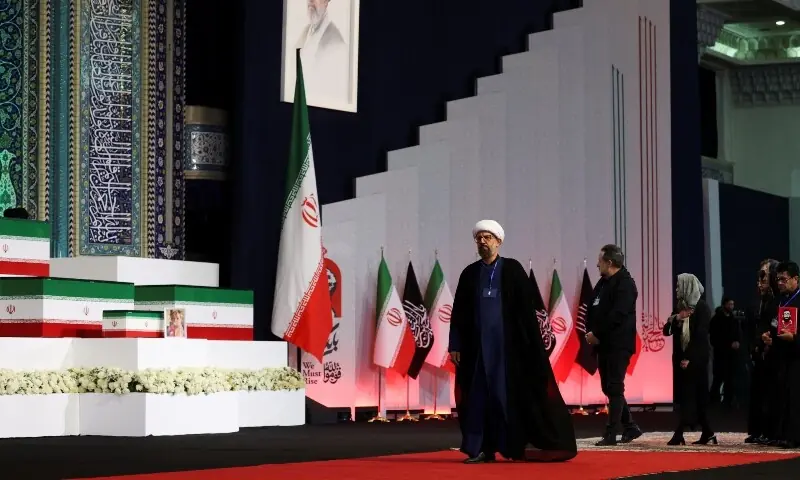 The coffins of Iran&rsquo;s slain supreme leader Ali Khamenei and his family members are pictured at the Grand Mosalla in Tehran on July 3, 2026. &mdash;AFP
