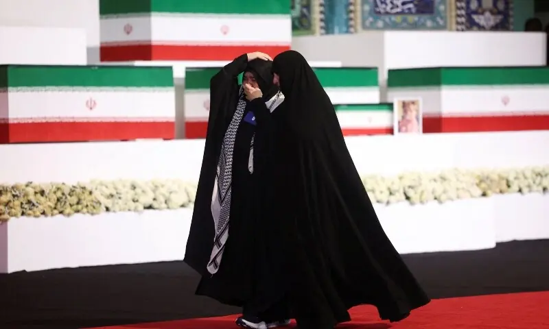 The coffins of Iran&rsquo;s slain supreme leader Ali Khamenei and his family members are pictured at the Grand Mosalla in Tehran on July 3, 2026. &mdash;AFP