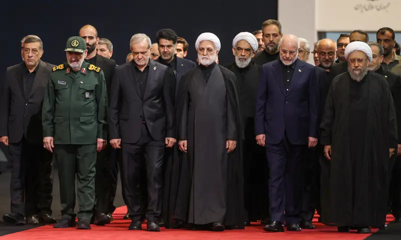 Iranian President Masoud Pezeshkian, Chief Justice of Iran Gholamhossein Mohseni Ejei and Iran&rsquo;s parliament speaker Mohammad Bagher Ghalibaf attend a farewell ceremony for Iran&rsquo;s late Supreme Leader Ayatollah Ali Khamenei, for international delegates at the Imam Khomeini Grand Mosalla in Tehran, Iran, on July 3, 2026. &mdash; Reuters
