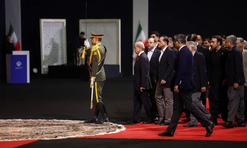 Prime Minister Shehbaz Sharif and his delegation attends a farewell ceremony for Iran's late Supreme Leader Ayatollah Ali Khamenei, for international delegates at the Imam Khomeini Grand Mosalla in Tehran, Iran on July 3, 2026. &mdash; Reuters