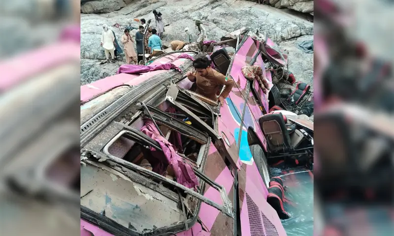 This handout photograph taken and released by Pakistan’s Balochistan Emergency Rescue 1122 service on July 3, 2026 shows locals at the crash site of a passenger bus in the mountainous Dhanasar area of Zhob district. — AFP This handout photograph taken and released by Pakistan’s Balochistan Emergency Rescue 1122 service on July 3, 2026 shows locals at the crash site of a passenger bus in the mountainous Dhanasar area of Zhob district. — AFP