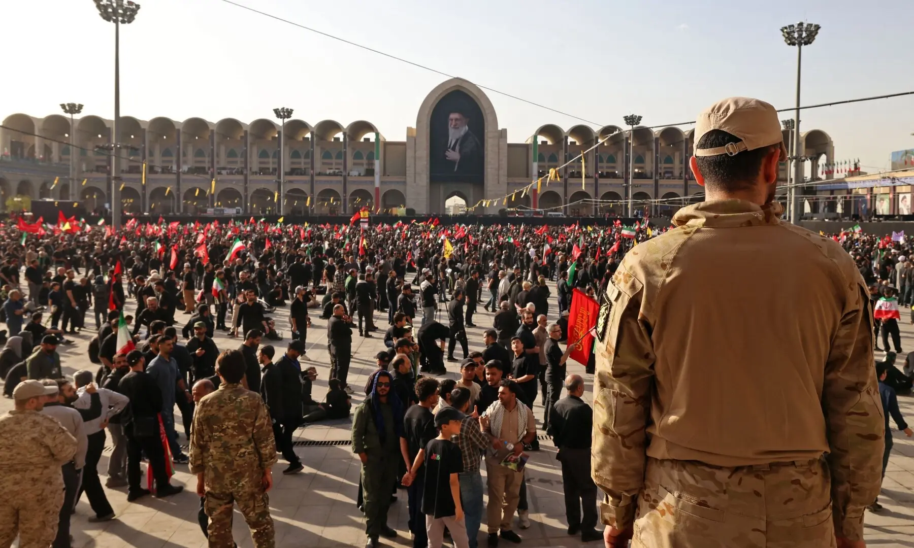 Security personnel stand guard as mourners gather at the start of the funeral ceremonies of Iran’s slain supreme leader Ayatollah Ali Khamenei at the Grand Mosalla in Tehran on July 4, 2026. — AFP