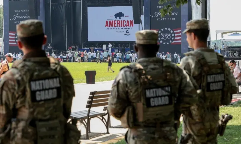 National Guard stand in the shade during a period of extreme heat in the Washington region at The Great American State Fair, part of celebrations marking the upcoming 250th anniversary of the United States, in Washington, DC, US, July 1, 2026. —Reuters
