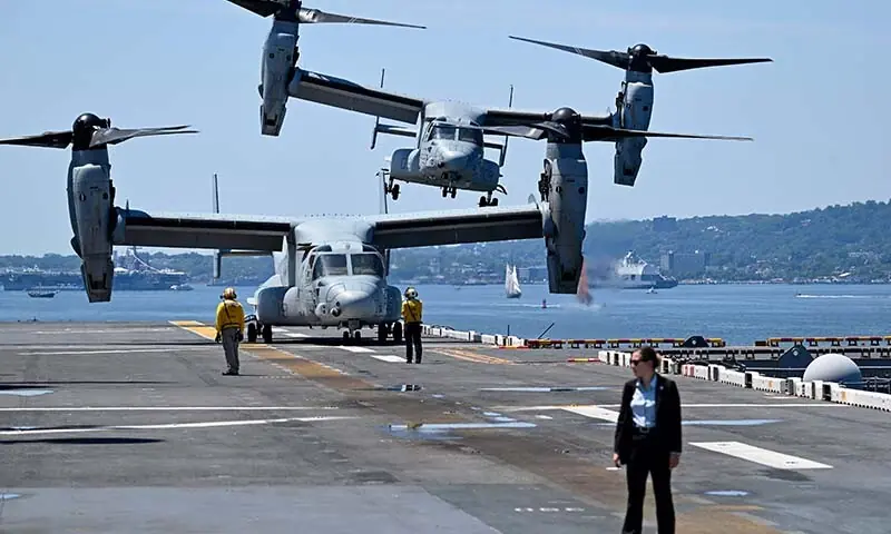 A V-22 Osprey with U.S. Vice President JD Vance aboard departs following an International Naval Review aboard the USS Kearsarge in New York Harbour on July 04, 2026. — AFP