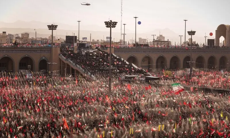 Mourners attend a prayer during a public farewell ceremony to pay their respects to late Supreme Leader Ayatollah Ali Khamenei, who was killed on February 28 in Israeli and U.S. airstrikes, at the Imam Khomeini Grand Mosalla, in Tehran, Iran, July 5. &mdash; Reuters