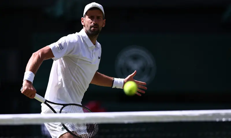 Serbia's Novak Djokovic returns to Russia's Roman Safiullin during their men's singles round of 16 tennis match on the seventh day of the 2026 Wimbledon Championships at The All England Lawn Tennis and Croquet Club in Wimbledon, southwest London, on July 5, 2026. — AFP Serbia's Novak Djokovic returns to Russia's Roman Safiullin during their men's singles round of 16 tennis match on the seventh day of the 2026 Wimbledon Championships at The All England Lawn Tennis and Croquet Club in Wimbledon, southwest London, on July 5, 2026. — AFP
