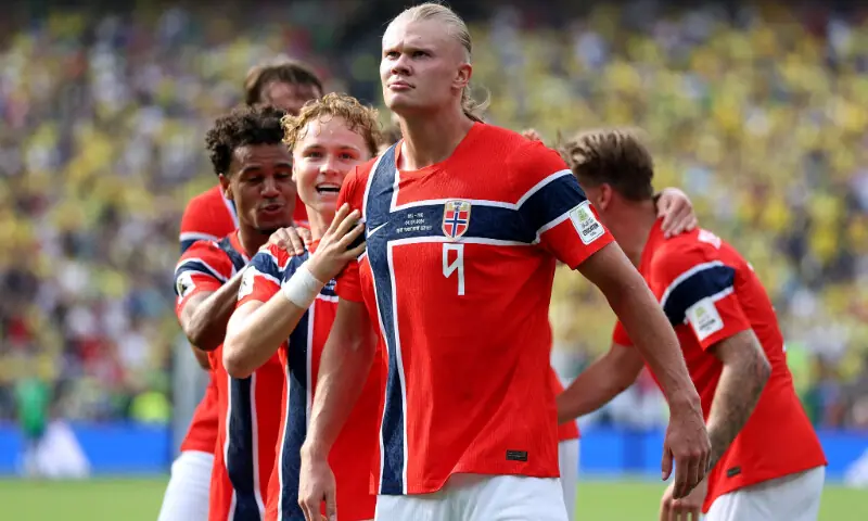 Norway's Erling Haaland celebrates scoring during the 2026 FIFA World Cup round-of-16 match against Brazil at the New York New Jersey Stadium in East Rutherford, New Jersy on July 5, 2026.--AFP Norway's Erling Haaland celebrates scoring during the 2026 FIFA World Cup round-of-16 match against Brazil at the New York New Jersey Stadium in East Rutherford, New Jersy on July 5, 2026.--AFP