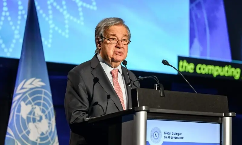 UN Secretary-General Antonio Guterres delivers the opening speech of the first Global Dialogue on AI Governance, in Geneva on July 6. &mdash; AFP