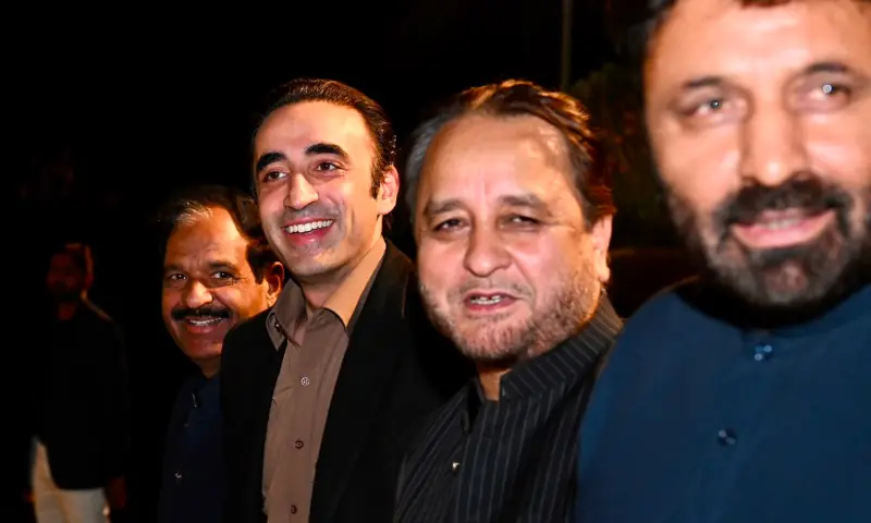 GB CM-elect Advocate Amjad Hussain, PPP Chairman Bilawal Bhutto-Zardari, IPP Secretary General Mian Khalid Mahmood , PML-N GB President Hafiz Hafeezur Rehman pose for a picture after attending dinner hosted by Amjad Hussain in Gilgit on July 5, 2026. &mdash; X/MediaCellPPP