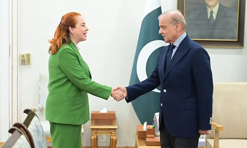 María Fernanda Espinosa shakes hands with PM Shehbaz Sharif during their meeting.—White Star María Fernanda Espinosa shakes hands with PM Shehbaz Sharif during their meeting.—White Star