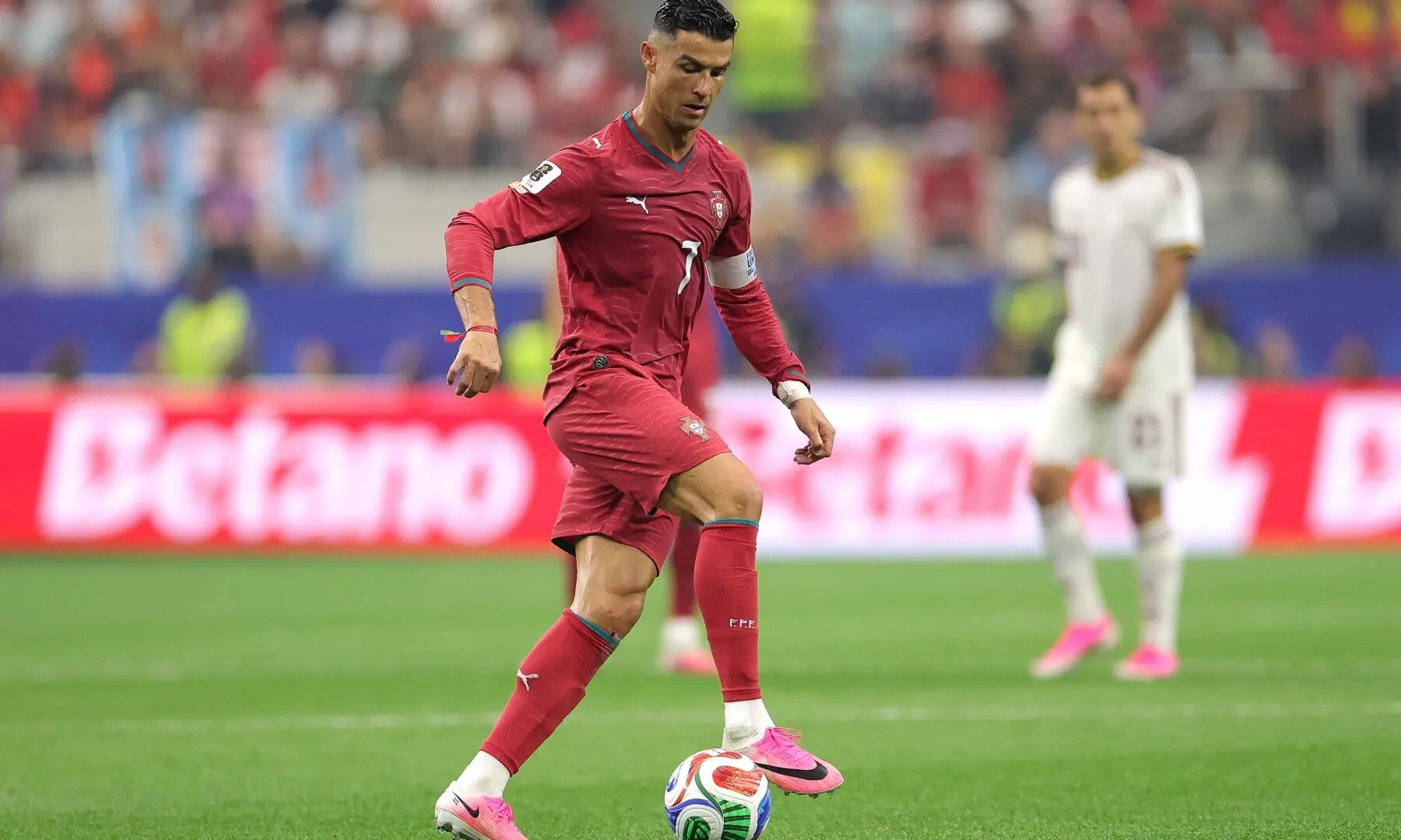 Cristiano Ronaldo 7 of Portugal controls the ball during the FIFA World Cup 2026 Round of 16 match between Portugal and Spain at Dallas Stadium on July 06, 2026 in Arlington, Texas. —AFP