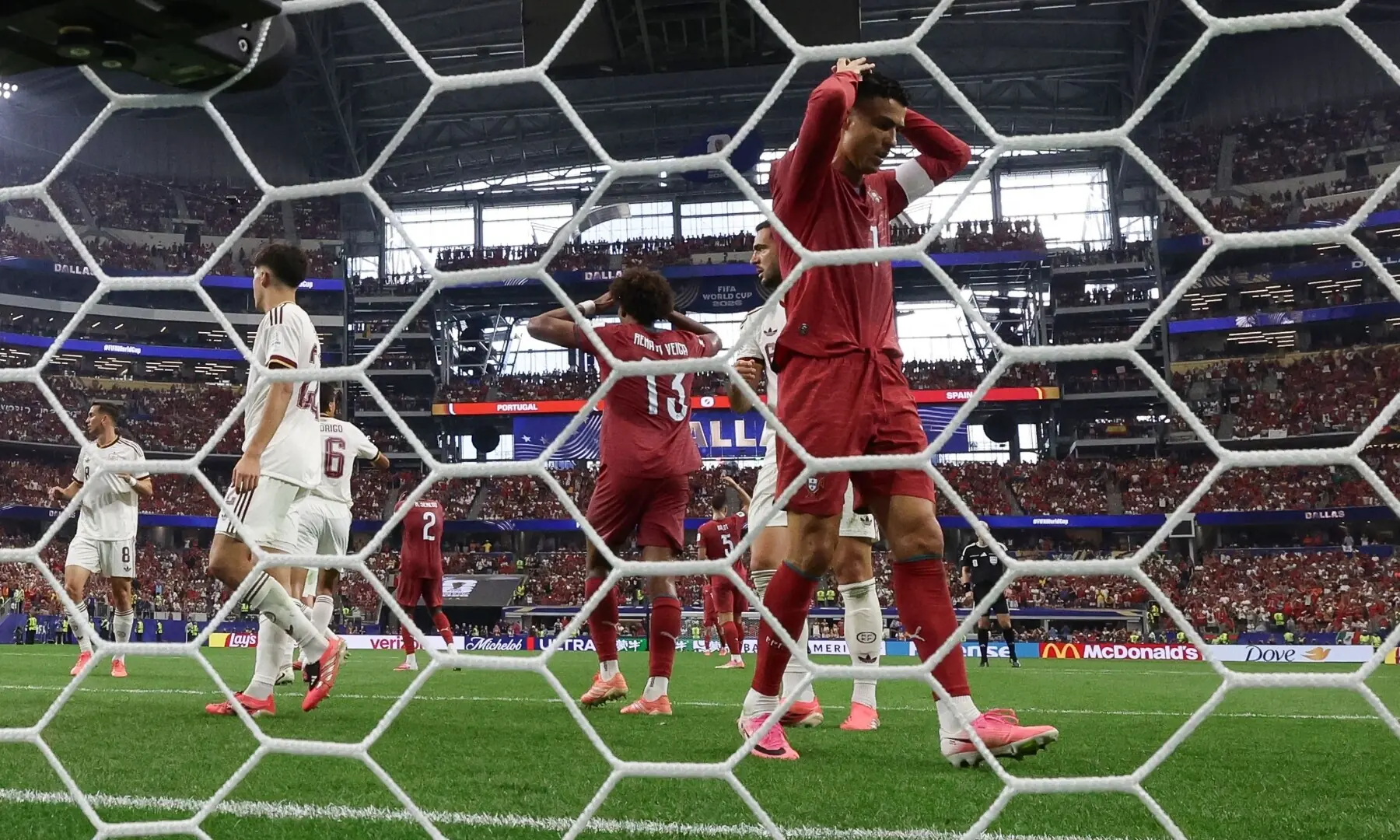 Cristiano Ronaldo reacts to a missed chance during the 2026 World Cup round of 16 football match between Portugal and Spain at the Dallas Stadium in Arlington on July 6, 2026. —AFP