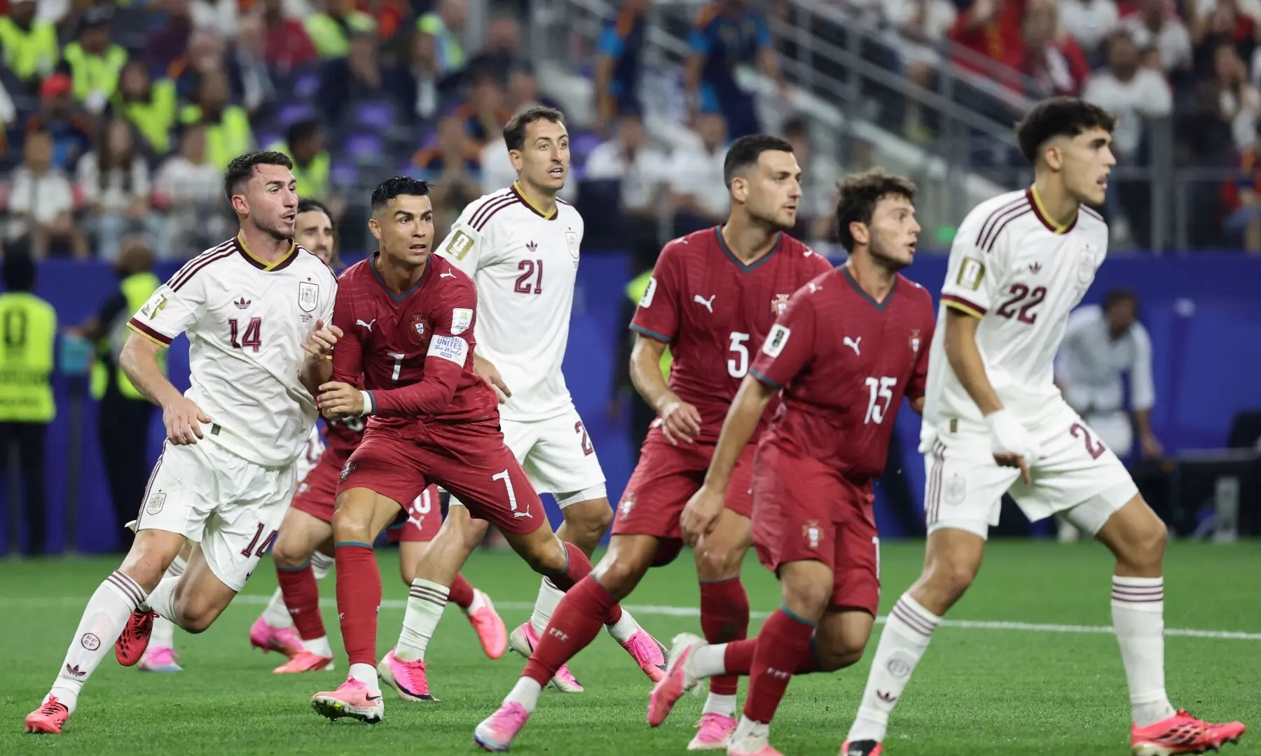 Cristiano Ronaldo fight for the ball during the 2026 World Cup round of 16 football match between Portugal and Spain at the Dallas Stadium in Arlington on July 6, 2026. —AFP