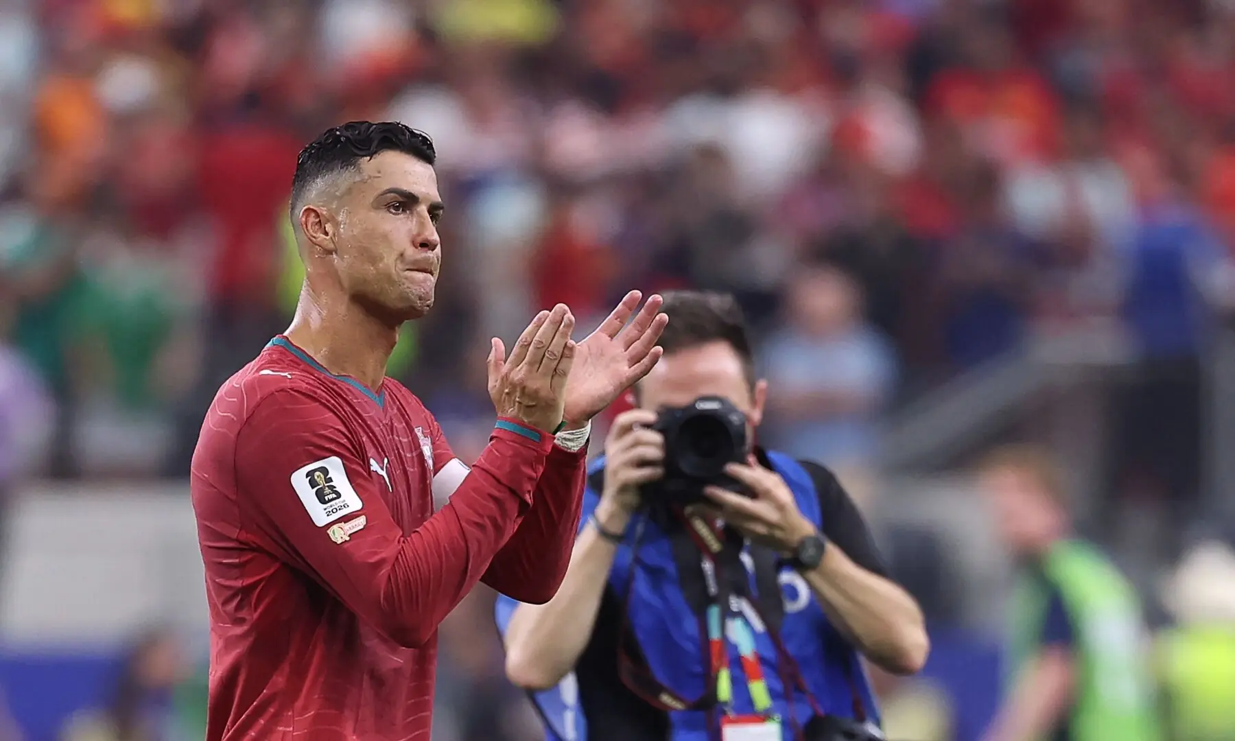 Portugal’s forward 07 Cristiano Ronaldo greets fans after losing the 2026 World Cup round of 16 football match between Portugal and Spain at the Dallas Stadium in Arlington on July 6, 2026. —AFP