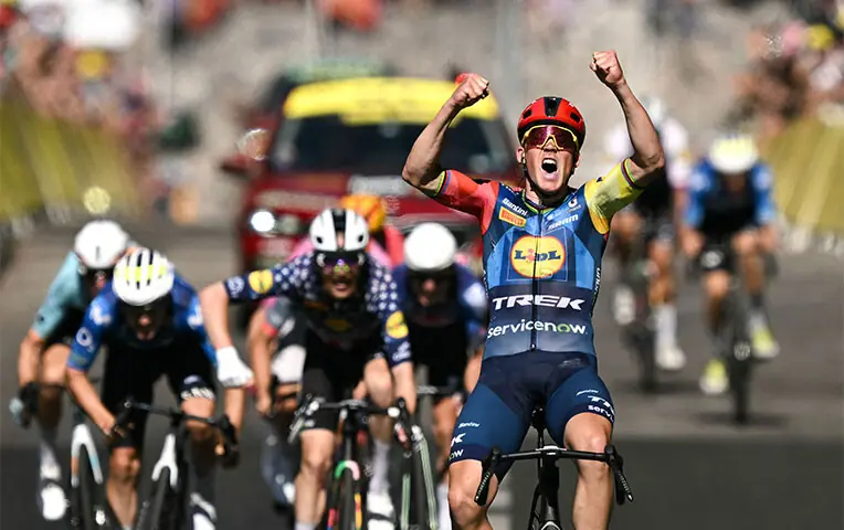 LIDL-TREK team’s Danish rider Mads Pedersen celebrates as he crosses the finish line to win the fourth stage of the Tour de France, a 182km distance from Carcassonne to Foix, on Tuesday.—AFP LIDL-TREK team’s Danish rider Mads Pedersen celebrates as he crosses the finish line to win the fourth stage of the Tour de France, a 182km distance from Carcassonne to Foix, on Tuesday.—AFP