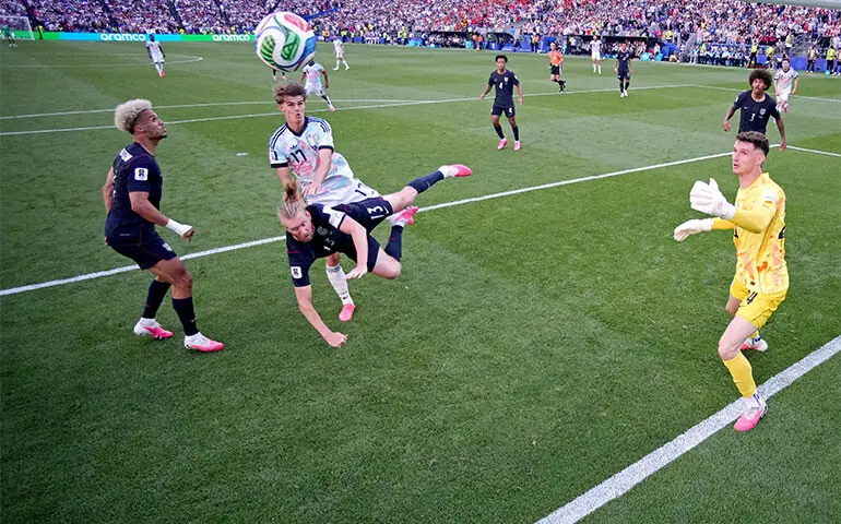 SEATTLE (Washington): Belgium&rsquo;s Charles De Ketelaere (second L) heads to score against the US during their round-of-16 match at the Seattle Stadium.&mdash;Reuters