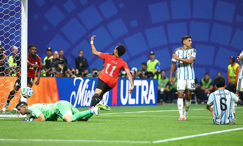 ATLANTA (Georgia): Egypt’s Mostafa Zico celebrates after scoring against Argentina during their round-of-16 match at the Atlanta Stadium on Tuesday.—Reuters ATLANTA (Georgia): Egypt’s Mostafa Zico celebrates after scoring against Argentina during their round-of-16 match at the Atlanta Stadium on Tuesday.—Reuters