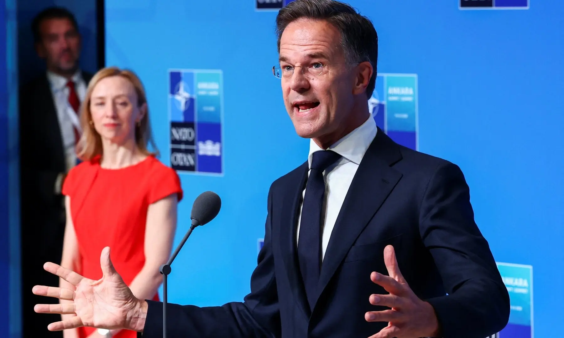 Nato Secretary General Mark Rutte speaks during a doorstep at the Nato leaders’ summit in Ankara, Turkiye, on July 8, 2026. — Reuters