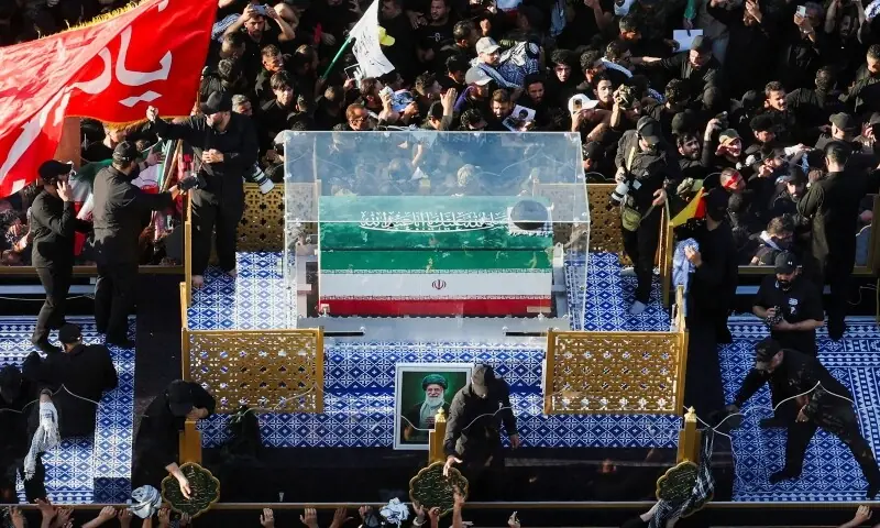 A vehicle carrying the coffin of Iran&rsquo;s late Supreme Leader Ayatollah Ali Khamenei, who was killed on February 28 in Israeli and US airstrikes, makes its way as people attend Khamenei&rsquo;s funeral procession, in Najaf, Iraq, July 8, 2026. &mdash;Reuters