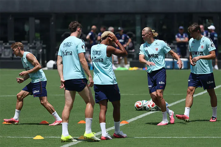 FORT LAUDERDALE (Florida): Norway&rsquo;s Erling Haaland (second R) takes part in a practice session at the Inter Miami CF Training Facility.&mdash;AFP
