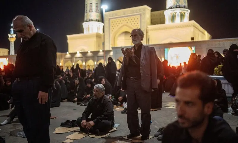 Mourners pray outside Imam Reza Shrine following the burial of Iran&rsquo;s late Supreme Leader Ayatollah Ali Khamenei, who was killed on February 28 in Israeli and US airstrikes, in Mashhad, Iran, July 9, 2026. &mdash;Reuters