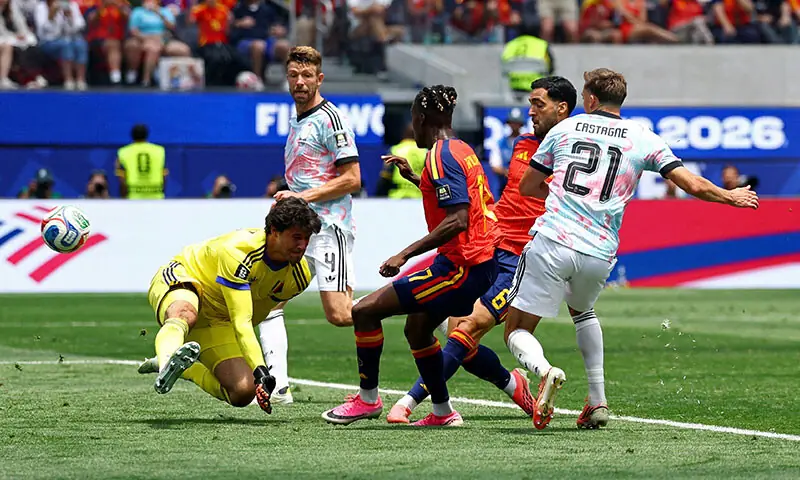 Belgian goalkeeper Senne Lammens grimaces as a late strike from Spain’s Mikel Merino (2nd right) sails past him into his goal. Brought on in the 86th minute, Merino emulated his performance from the previous match against Portugal, putting his team 2-1 up in the 88th minute of the game.—Reuters Belgian goalkeeper Senne Lammens grimaces as a late strike from Spain’s Mikel Merino (2nd right) sails past him into his goal. Brought on in the 86th minute, Merino emulated his performance from the previous match against Portugal, putting his team 2-1 up in the 88th minute of the game.—Reuters