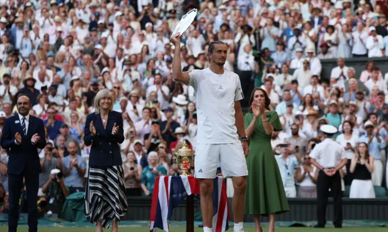 Germany's Alexander Zverev celebrates with the runner-up trophy after his final match against Italy's Jannik Sinner as Britain's Catherine, Princess of Wales looks on at All England Lawn Tennis and Croquet Club, London, Britain on July 12, 2026. — Reuters Germany's Alexander Zverev celebrates with the runner-up trophy after his final match against Italy's Jannik Sinner as Britain's Catherine, Princess of Wales looks on at All England Lawn Tennis and Croquet Club, London, Britain on July 12, 2026. — Reuters