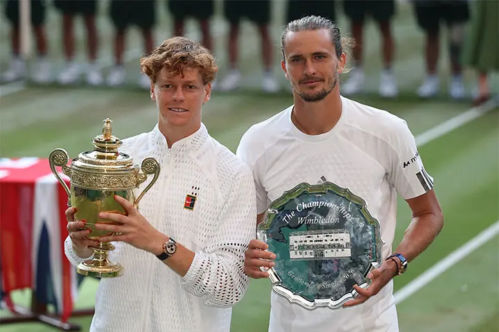 Jannik Sinner celebrates with the golden cup while Alexander Zverev holds the runner-up trophy.—Reuters Jannik Sinner celebrates with the golden cup while Alexander Zverev holds the runner-up trophy.—Reuters