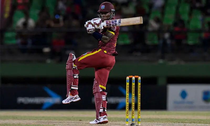 WEST INDIES batter Keacy Carty hits a four during the first ODI against New Zealand at the Providence Stadium.—AFP WEST INDIES batter Keacy Carty hits a four during the first ODI against New Zealand at the Providence Stadium.—AFP